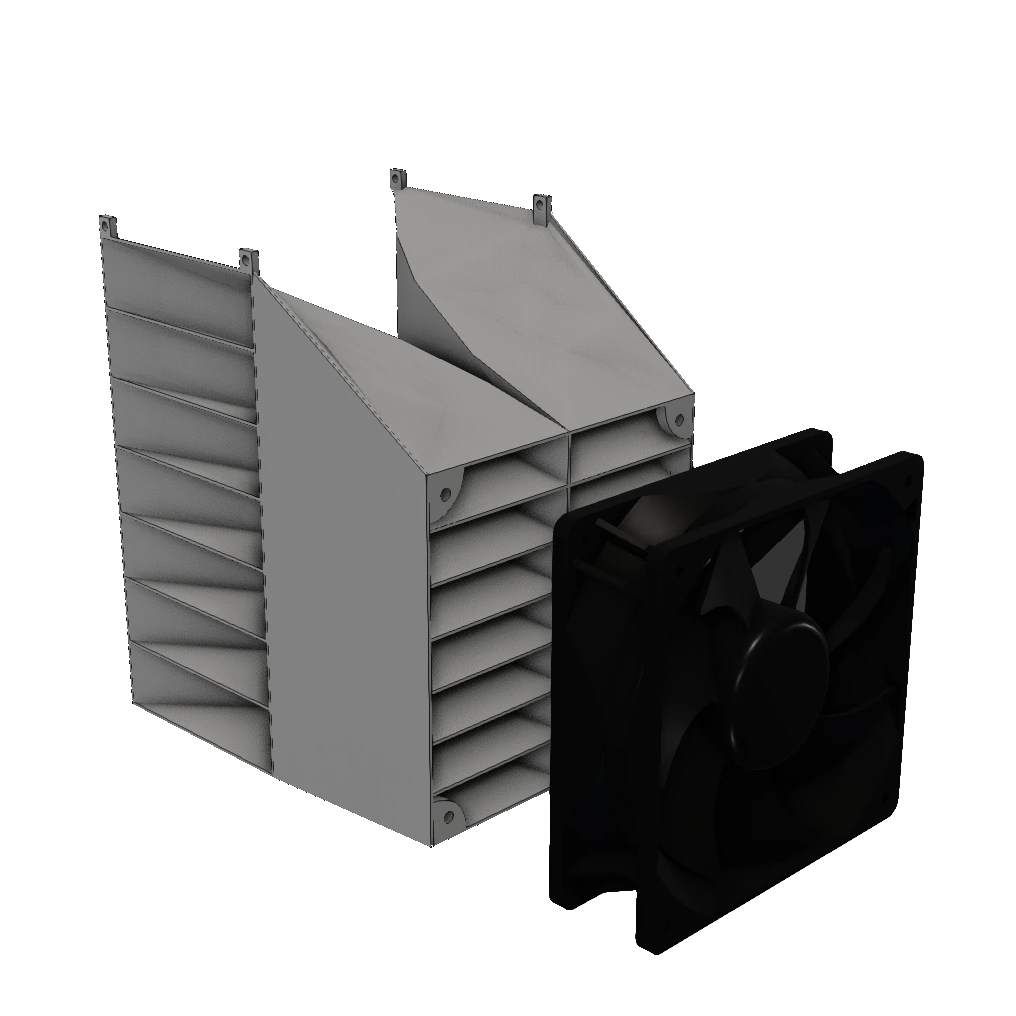 3D render of the air manifold and cooling fan, expanded
