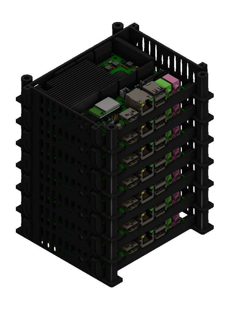 3D render of 7 Udoo Quads in their cases, stacked on top of one another