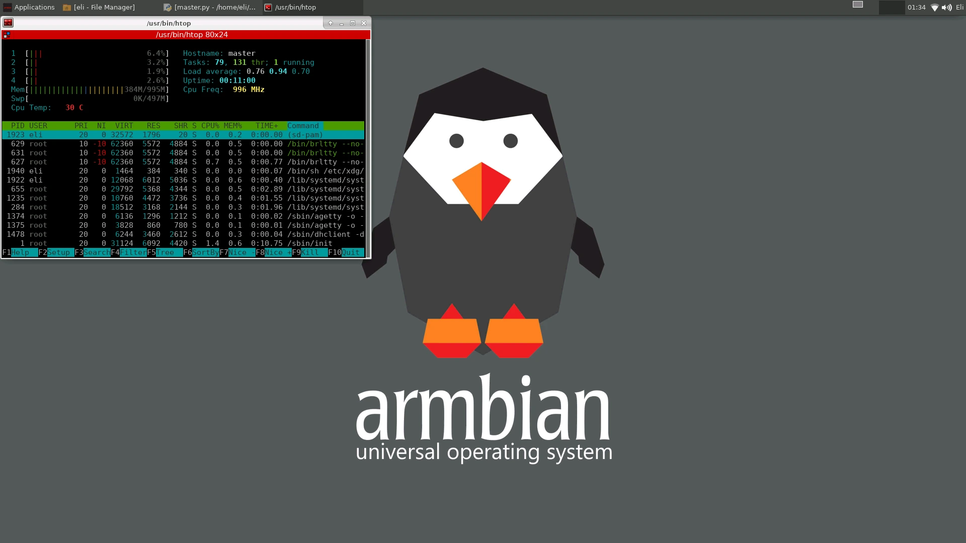 Screenshot of Armbian 21.08.5 xfce desktop environment, with htop displaying system resources
