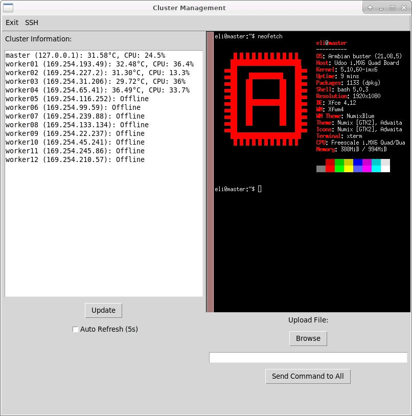 screenshot of the python tkinter GUI, displaying names, IP addresses, and processor temps for each Udoo Quad. Also features a built-in bash window + global command line