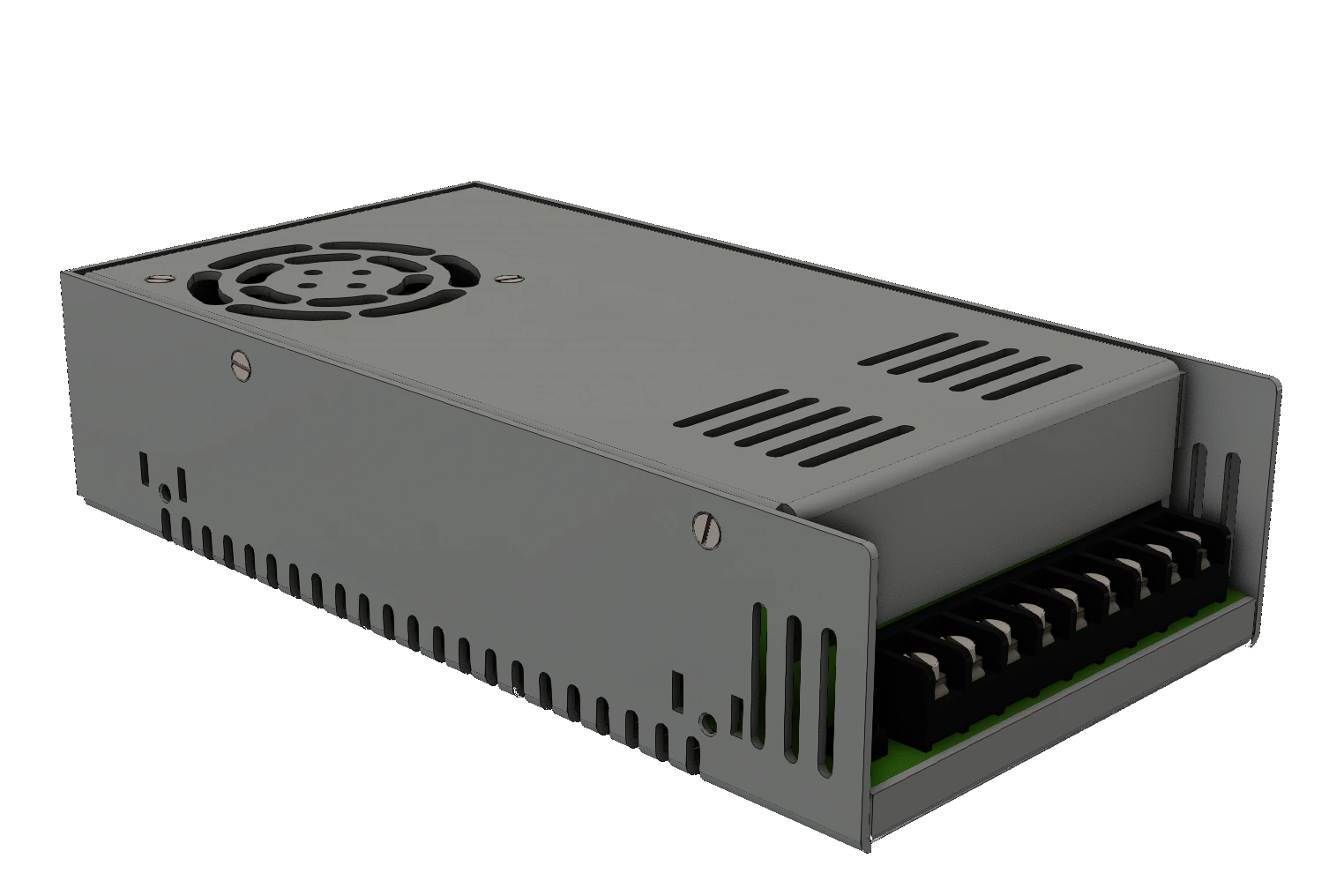 3D render of a 12v, 300w switch-mode power supply